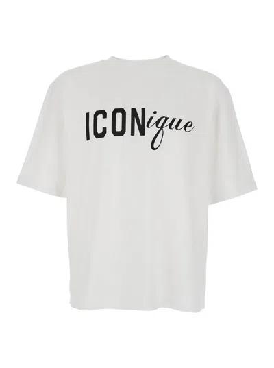 Dsquared2 White Crew Neck T-shirt With Raised Collar And Maxi Logo On The Front In Cotton Man