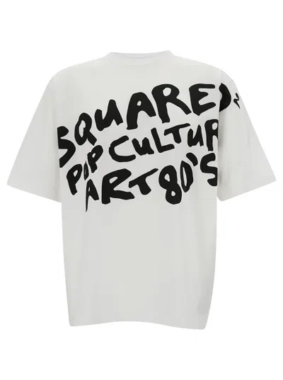 DSQUARED2 WHITE CREWNECK T-HIRT WITH CONTRASTING LOGO PRINT AT THE FRONT IN COTTON MAN