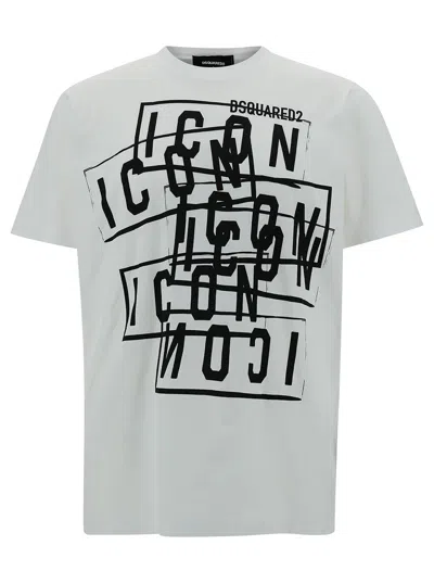 Dsquared2 White Crewneck T-shirt With All-over Icon Print In Cotton Man