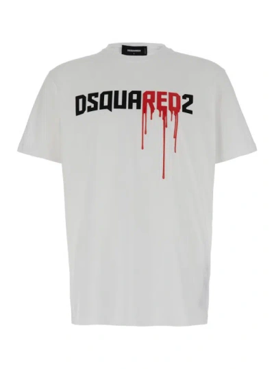 Dsquared2 White Crewneck T-shirt With Dripping Logo Print In Cotton