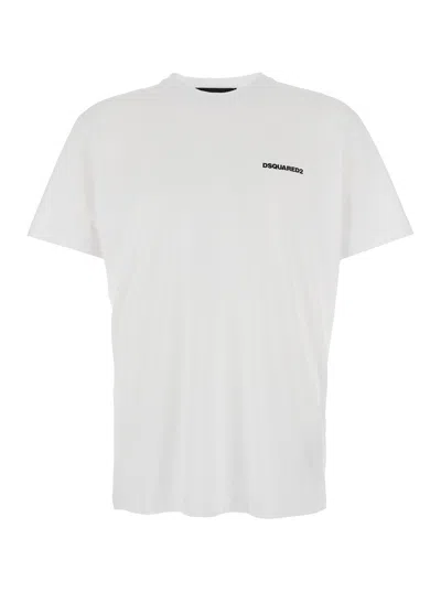 Dsquared2 White Crewneck T-shirt With Front Logo And Graphic Print On The Back In Cotton Man