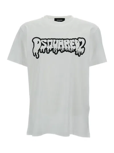Dsquared2 White Crewneck T-shirt With Graffiti Logo Print In Cotton Man