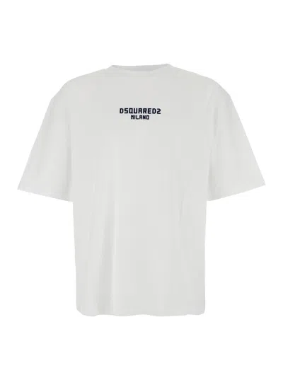 DSQUARED2 WHITE CREWNECK T-SHIRT WITH LOGO LETTERING ON THE FRONT IN COTTON MAN