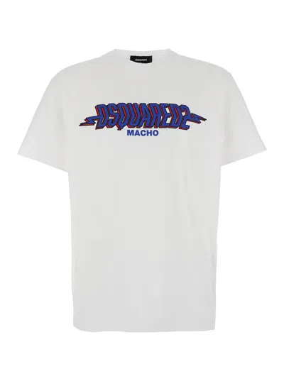 DSQUARED2 WHITE CREWNECK T-SHIRT WITH LOGO PRINT ON THE FRONT