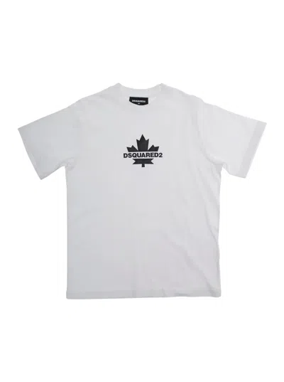 Dsquared2 Kids' White Crewneck T-shirt With Logo Print On The Front In Cotton Boy