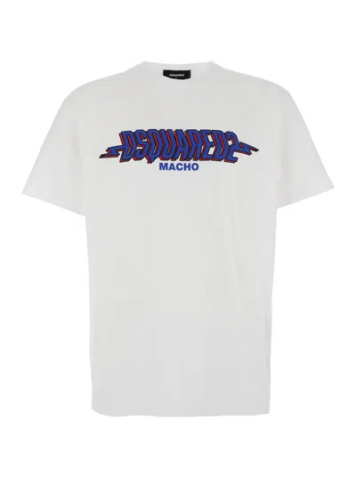 DSQUARED2 WHITE CREWNECK T-SHIRT WITH LOGO PRINT ON THE FRONT IN COTTON MAN