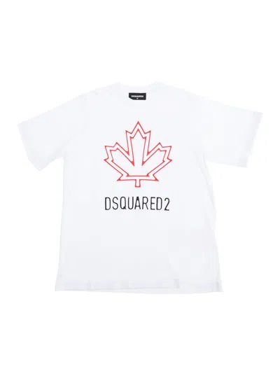 DSQUARED2 WHITE CREWNECK T-SHIRT WITH MAXI LOGO PRINT ON THE FRONT IN COTTON BOY