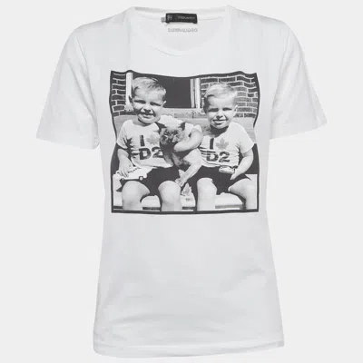 Dsquared2 White Digital Print Cotton Half Sleeve T-shirt