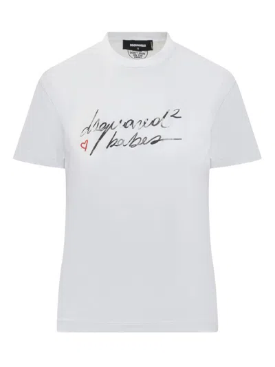Dsquared2 White Logo Print Crew Neck T-shirt In Multi