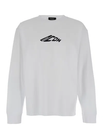 DSQUARED2 WHITE LONG SLEEVE T-SHIRT WITH CONTRASTING ICON PRINT IN COTTON MAN