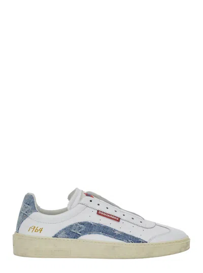 Dsquared2 White Low Top Sneakers With Denim Panels And Distressed Effect In Leather Man In Multi