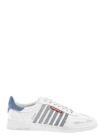 Dsquared2 White Low Top Sneakers With Logo Patch On Tongue And Side And Contrasting Heel With Logo In Leather 