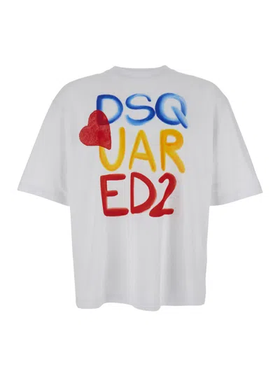 DSQUARED2 DSQUARED2 MEN WHITE ROUND NECK T‑SHIRT WITH PRINTED MAXI LOGO ON THE FRONT AND HEART DETAIL IN COTTO