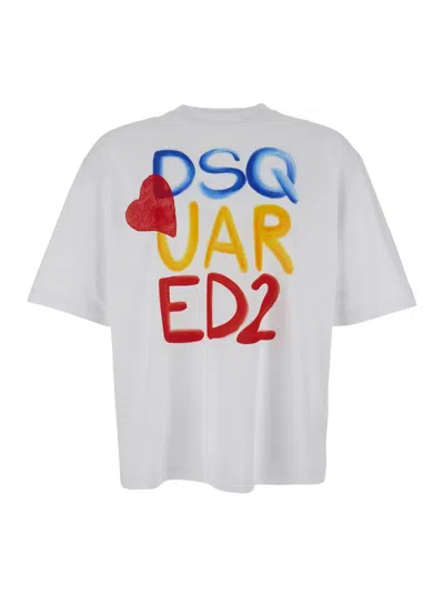 Dsquared2 White Round Neck T Shirt With Printed Maxi Logo On The Front And Heart Detail In Cotton Woman