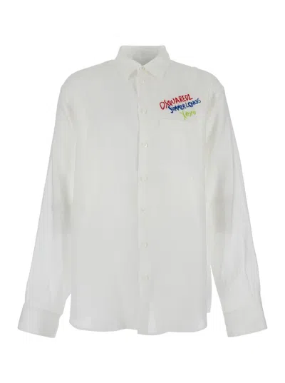 DSQUARED2 WHITE SHIRT WITH CLASSIC COLLAR AND EMBROIDERED LOGO ON THE FRONT IN LINEN MAN