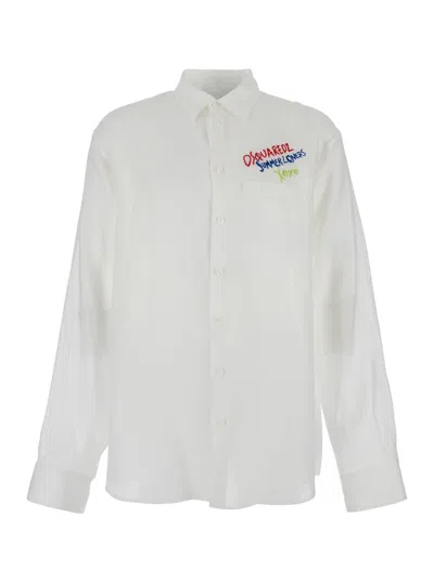DSQUARED2 WHITE SHIRT WITH CLASSIC COLLAR AND EMBROIDERED LOGO ON THE FRONT IN LINEN MAN