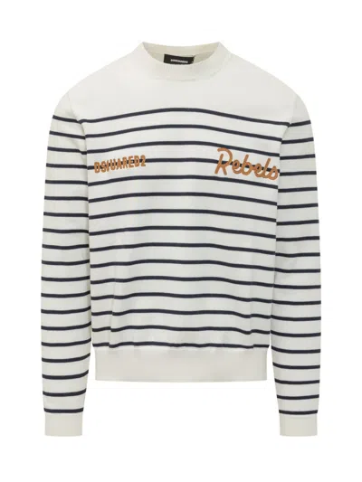 Dsquared2 White Stripes Crew Neck Sweater
