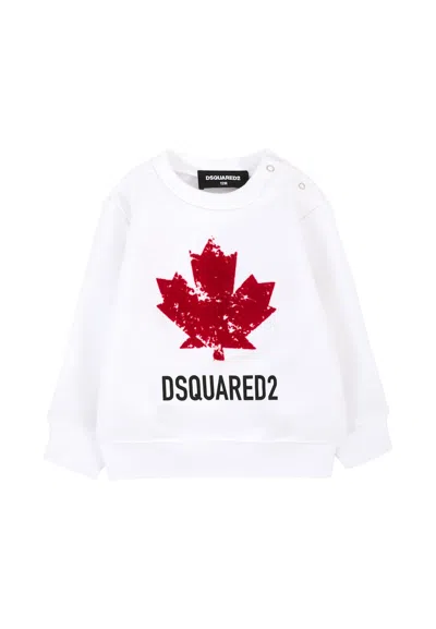 DSQUARED2 WHITE SWEATSHIRT FOR BABY BOY WITH LOGO AND ICONIC RED VELVET MAPLE LEAF