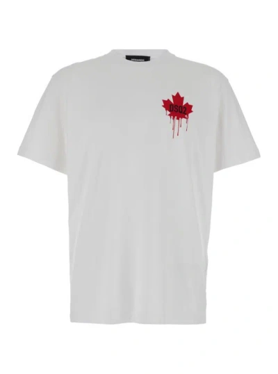 Dsquared2 White T-shirt With Dripping Maple Print In Cotton