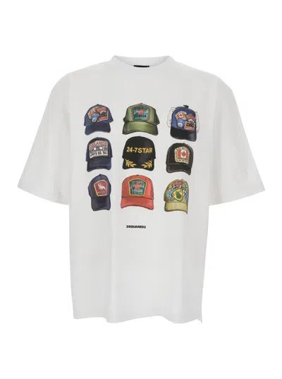 Dsquared2 Men White T-shirt With Front Print And Back Logo In Cotton Man In Multi