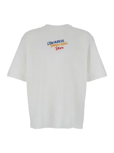 DSQUARED2 WHITE T SHIRT WITH ROUND NECK AND EMBROIDERED LOGO ON THE FRONT IN COTTON WOMAN