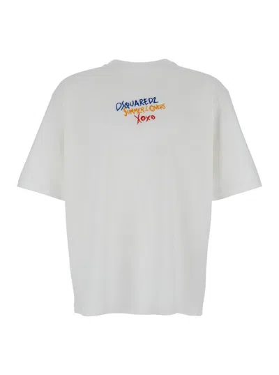 DSQUARED2 WHITE T‑SHIRT WITH ROUND NECK AND EMBROIDERED LOGO ON THE FRONT IN COTTON WOMAN