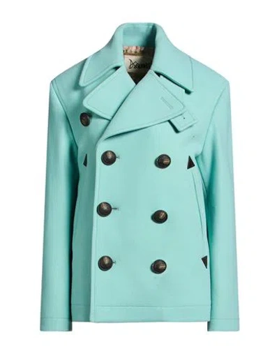 Dsquared2 Woman Coat Sky Blue Size 2 Virgin Wool, Polyamide, Cow Leather In Green