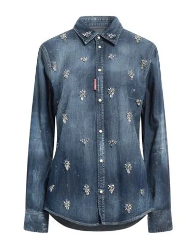 Dsquared2 Woman Denim Shirt Blue Size 8 Cotton, Elastane, Plastic, Glass, Brass