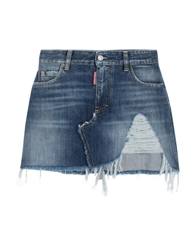 Dsquared2 Woman Denim Skirt Blue Size 2 Cotton, Cow Leather
