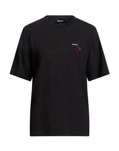 Dsquared2 Woman T-shirt Black Size S Cotton, Glass, Brass In Multi