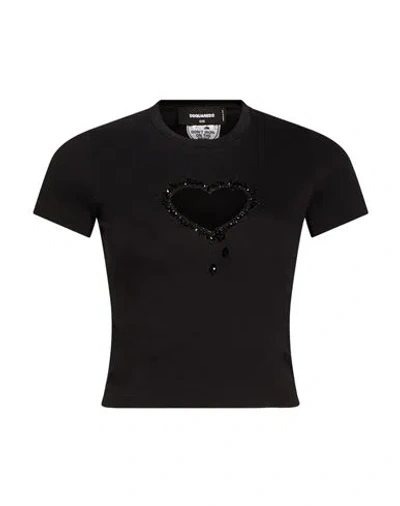 Dsquared2 Woman T-shirt Black Size Xxs Cotton, Glass