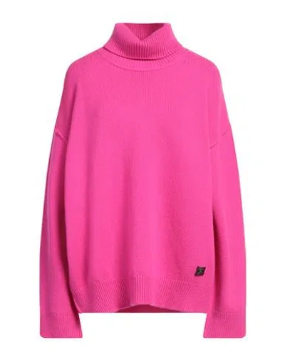 Dsquared2 Woman Turtleneck Fuchsia Size L Wool, Cashmere, Cow Leather In Pink