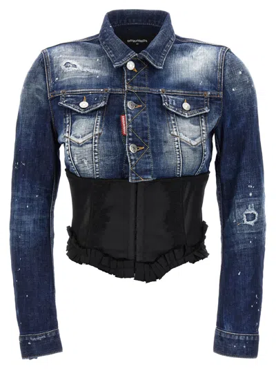 Dsquared2 Blue Distressed Shirt Collar Jacket In Multi