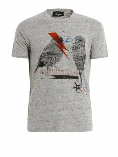 Dsquared2 Women's Distressed Birds Sketched T-shirt In Grey In Gray