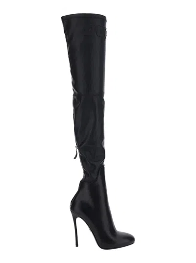 Dsquared2 Women 'ducati X D2' Black Knee-high Boots With Logo Lettering And High Stiletto Heel In Le