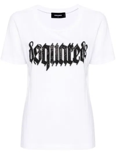 Dsquared2 Women's White Cotton Logo T-shirt With Crystal Embellishment