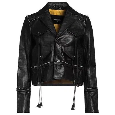 Pre-owned Dsquared2 Womens Biker Leather Jacket Slim Fit Ladies Zip Up Winter Outwear Coat In Black