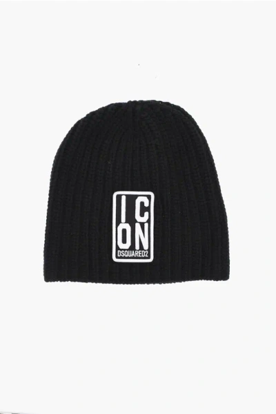 Dsquared2 Wool-and-cashmere Beanie Icon With Embossed Logo In Black