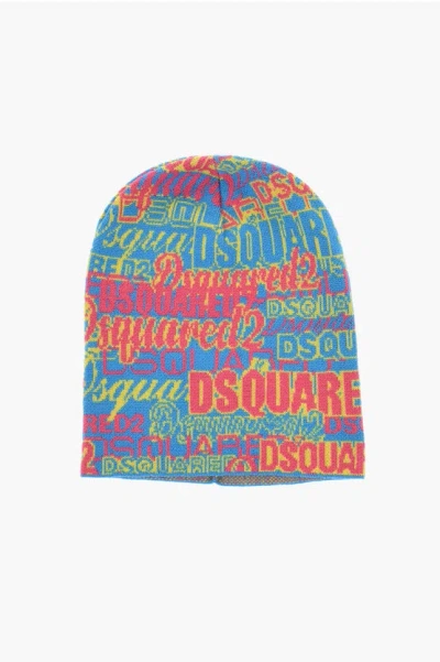 Dsquared2 Wool Beanie With All-over Logo In Multi