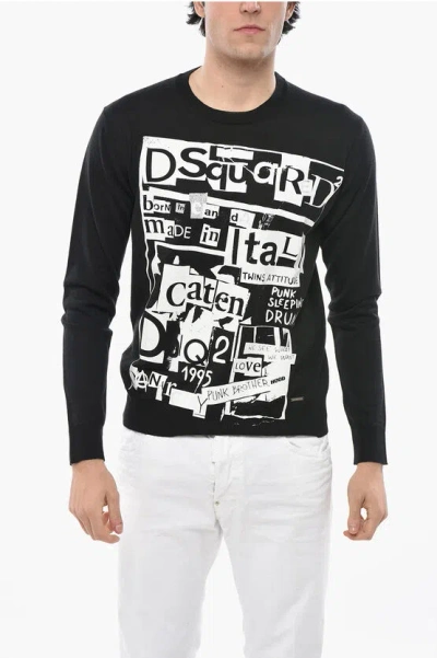 Dsquared2 Wool Blend Newspaper Sweater With Print In Black