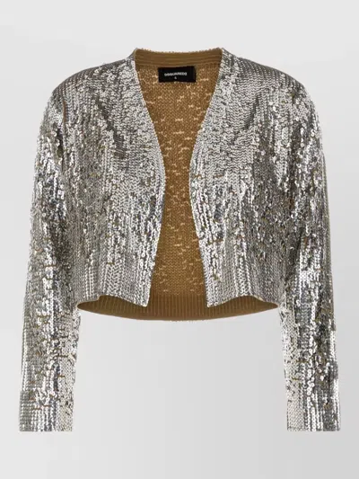 Dsquared2 Wool Cardigan Long Sleeves Metallic Sequins In Silver