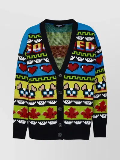 DSQUARED2 WOOL CARDIGAN WITH MULTICOLORED BLOCK DESIGN