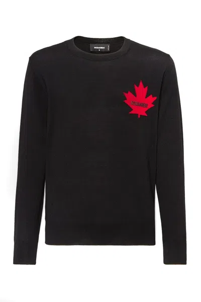 DSQUARED2 WOOL CREW NECK KNITWEAR WITH RED MAPLE LEAF EMBLEM