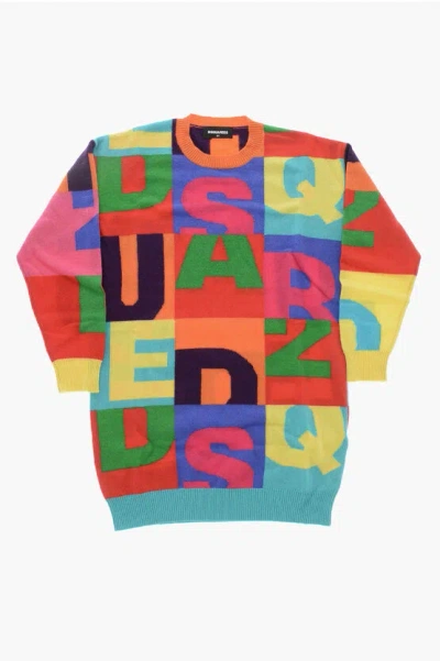 Dsquared2 Wool Dress With All-over Logo In Multi