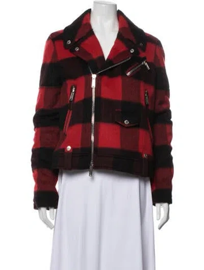Pre-owned Dsquared2 Wool Plaid Print Biker Jacket In Red