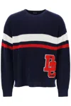 Dsquared2 Wool Crew-neck Sweater With Logoed Patch In Blue