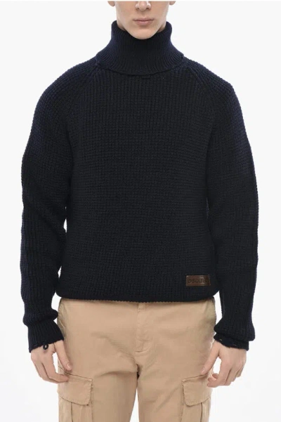 Dsquared2 Wool Turtleneck Pullover With Distressed Edges In Black
