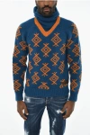 Dsquared2 Wool Turtleneck Sweater With Contrasting Embroidery In Blue