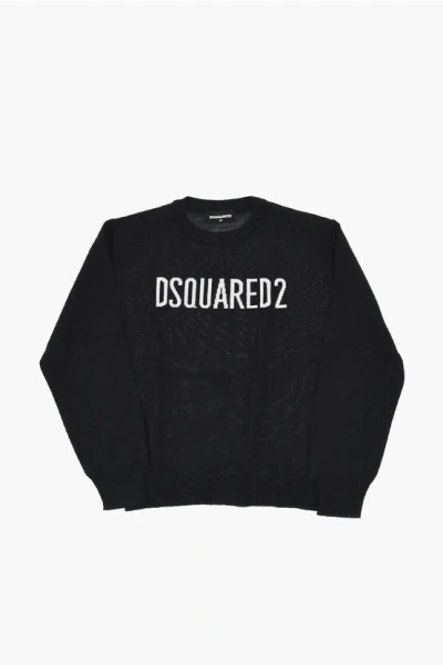 Dsquared2 Wool-blend Crew-neck Knit With Contrast Logo In Black