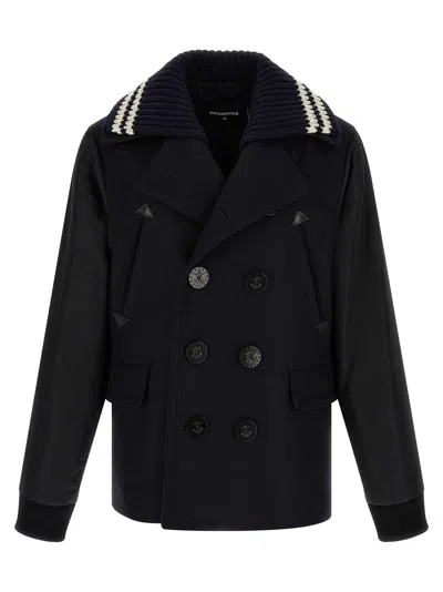 Dsquared2 Wool-blend Hybrid Peacoat In Navy